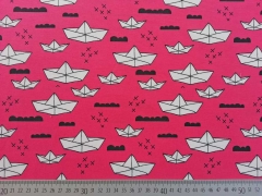 Jerseystoff Papierschiffchen & Wolken - fuchsia (pink)