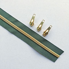 1 m Reißverschluss metallisiert GOLD 6,5 mm Spirale + 3 Schieber, dunkelgrün