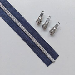 1 m Reiverschluss metallisiert SILBER 6,5 mm Spirale + 3 Schieber, dunkelblau