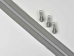 1 m Reiverschluss metallisiert SILBER 6,5mm Spirale + 3 Schieber, mittelgrau