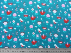 RESTSTCK 140 cm Baumwollstoff Voile Vgel & Blumen, rosa rot petrol