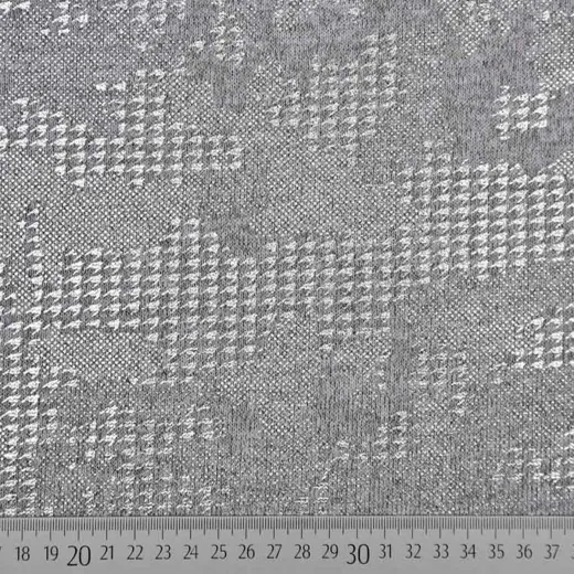 Grau melierter Strickstoff mit Hahnentrittmuster als silber Foliendruck