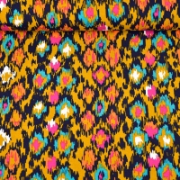 Jerseystoff Ikat Muster, ockergelb dunkelblau
