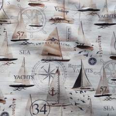 Canvas Stoff Segelboote Vintage Baumwollstoff Digitaldruck,  dunkelbraun braun weiß