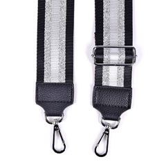 Taschengurt Taschenriemen Streifen Glitzer 5 cm- schwarz silbe- wei, schwarze Lederenden-silber Schnallen