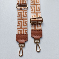 Taschengurt Taschenriemen Labyrinth Muster-cognac ecrue- cognac Leder - gold Schnallen
