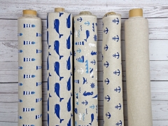 Dekostoff Leinenlook Leuchtt�rme, blau auf natur