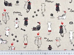 Dekostoff Katzen Herzen Love Leinen Optik, schwarz rot natur