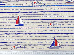 Dekostoff Segelboote Leinen Optik, blau wei rot natur