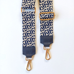 Taschengurt Taschenriemen abstraktes Muster -ecrue dunkelblau-dunkelblaues Leder,goldene Schnallen