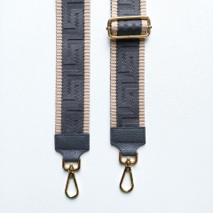 Taschengurt Taschenriemen grafisches Muster, beige dunkelgrau - dunkelgraues Leder- gold Schnallen