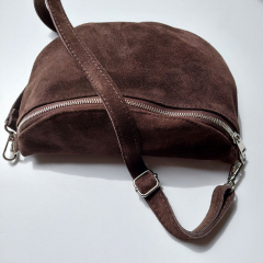 Bauchtasche Wildleder mit Lederriemen - Dunkelbraun -silber Schnallen-Made in Italy