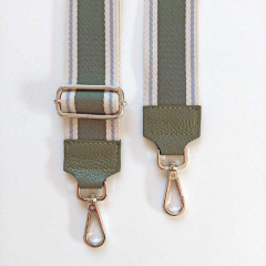 Taschengurt Streifen ecrue blaugrau armygrn - armygrnes Leder- silber Schnallen