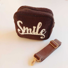 Tasche Retrolook SMILE Teddyboucle - wei dunkelbraun - gold Schnallen