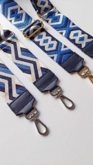 Taschengurt Taschenriemen Rauten Ethnomuster, kobalt blau creme - blaues Leder - gold Schnallen