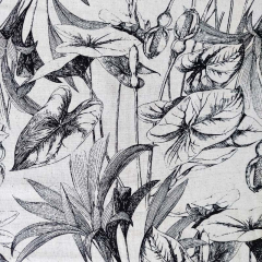 Viskose Leinen Webware Blumen Bltter, schwarz auf natur