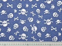 RESTSTCK 180 cm French Terry Glitzer-Totenkopf, silber/jeansblau