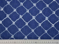 RESTSTCK 101 cm Jeansstoff bestickt Rauten Fransen, jeansblau