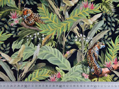 Dekosamt Velourstoff Leoparden im Dschungel, hellgrn schwarz