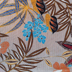 Baumwollsatin Baumwollstoff mit Stretch tropische Bltter, mittelblau hellblau dunkelbraun