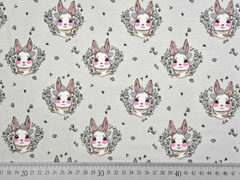 RESTST�CK 28 cm Jerseystoff Hasengesichter Blumen, rosa grau hellgrau