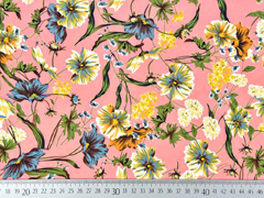 Blusenstoff Wildblumen elastisch, blau gelb lachsrosa