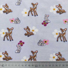 Jerseystoff kleine Rehe Hasen Blumen, flieder