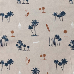 Jerseystoff Palmen Surfbretter Segelboote, dunkelblau beige