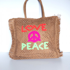 Strohtasche Sommertasche Strandtasche LOVE PEACE -neon orange pink hellgrn