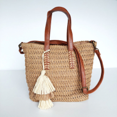 Strohtasche Basttasche Handtasche Reiverschluss Griffe Schulterriemen, beige