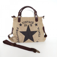 Canvas Tasche Vintage 1978 Stern dunkelbraune Lederimitat-Details, khaki (beige)