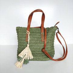 Strohtasche Basttasche Handtasche Reiverschluss Griffe Schulterriemen, schilfgrn
