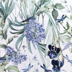Canvas Stoff Blumen Blätter Vögel, dunkelblau altgrün weiß