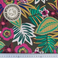 RESTST�CK 50 cm Viskose Stoff Blusenstoff tropische Blumen & Bl�tter Estate in Fiore, beere mint dunkelbraun - Made in Italy