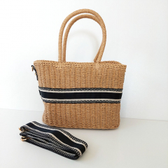 Strohtasche mit Streifenband & Taschengurt, beige