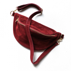 Bauchtasche Wildleder mit Lederriemen - weinrot - gold Schnallen-Made in Italy