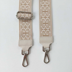 Taschengurt Taschenriemen Labyrinth Muster, beige ecrue, creme Lederenden, silber Schnallen