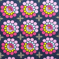 Baumwoll Popelin Retro Kreise, rosa-gelb auf graublau