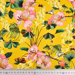RESTSTÜCK 161 cm Jerseystoff Hibiskusblüten Blätter Digitaldruck,altrosa grün ockergelb