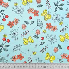 Jerseystoff Schmetterlinge Blumen Kirschen,gelb hellmint