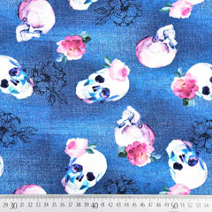 Jerseystoff Totenkpfe Blumen Jeanslook Digitaldruck,jeansblau