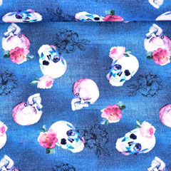 Jerseystoff Totenk�pfe Blumen Jeanslook Digitaldruck,jeansblau
