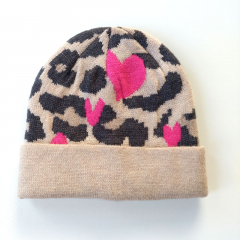 Mtze Leopardenmuster pinke Herzen Strickstoff, schwarz braun beige