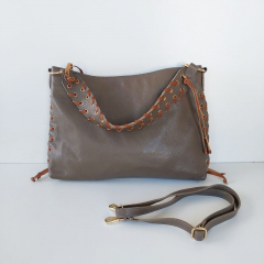 Ledertasche Handtasche �sen & Lederschn�rung - taupe - Made in Italy