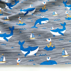 Jerseystoff Wale Wellen Kinderjersey Baumwolle, blau gelb grau