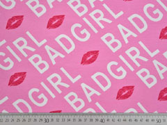 RESTSTCK 133 cm French Terry Sweat Bad Girl Schrift Kussmund, wei rosa