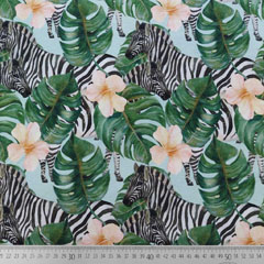 Viskose Jerseystoff Zebras tropische Bltter Hibiskusblten, hellmint