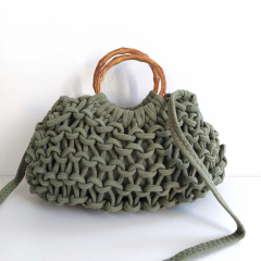 H�kel-Handtasche mit edlem Bambusgriffen & Schulterriemen - salbeigr�n  - Boho Makramee Tasche