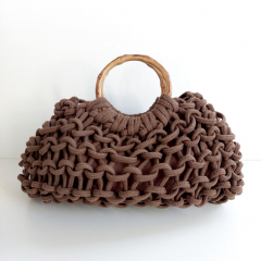 H�kel-Handtasche mit edlem Bambusgriffen & Schulterriemen - Espresso Brown  - Boho Makramee Tasche