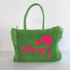 Strohtasche rechteckig mit Fransen PIN-UP, neonpink auf gr�n